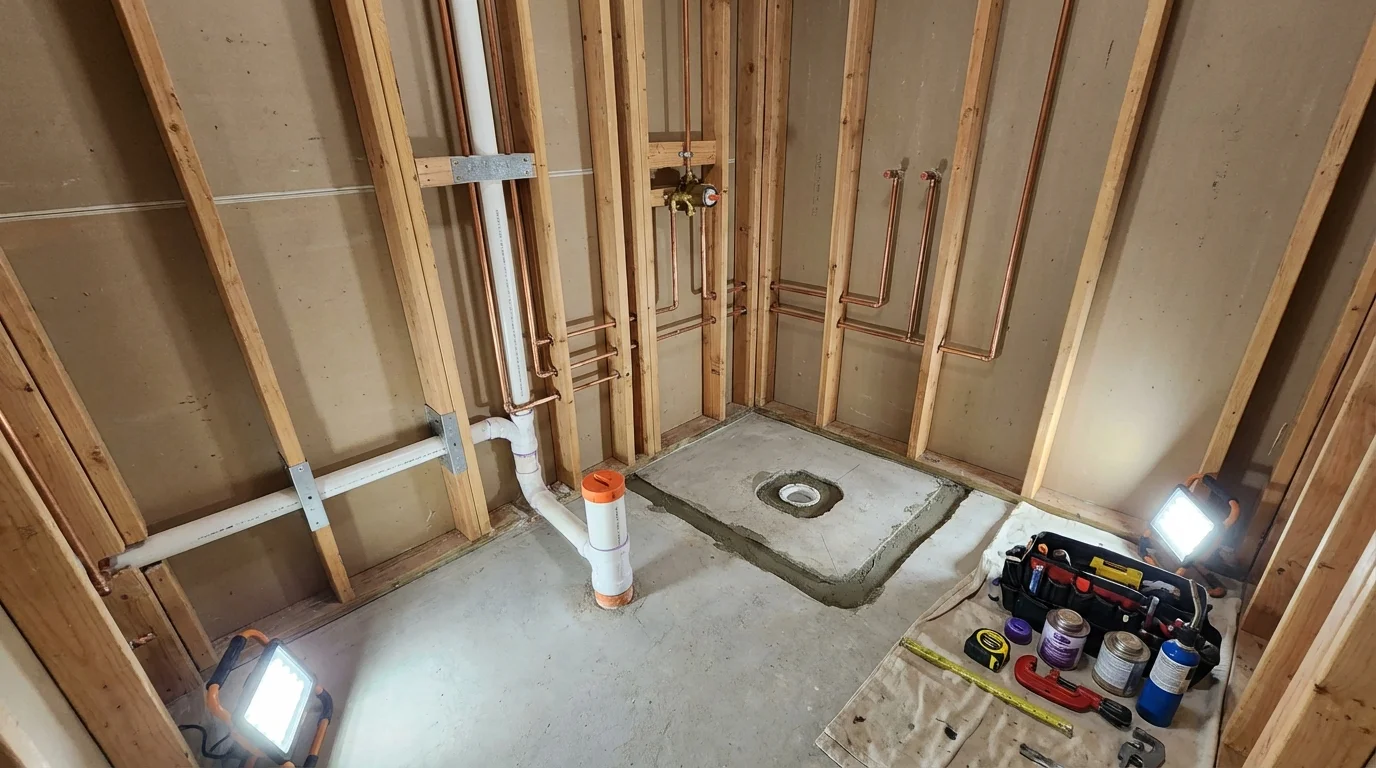 Bathroom rough-in plumbing during remodel by Johns Plumbing LLC in Willamina