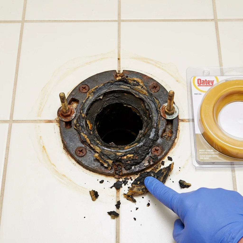Failed wax ring showing water seepage at the base of a toilet in a Willamina, OR home